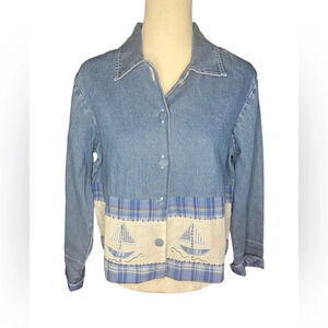 Coastal Grandma Quilted Denim Jacket 100% Cotton Small Sailing Nautical